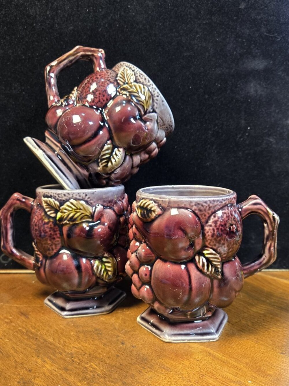 Giftcraft Japan Raised Fruit Ceramic Mugs Set of 3 1960s E-2012